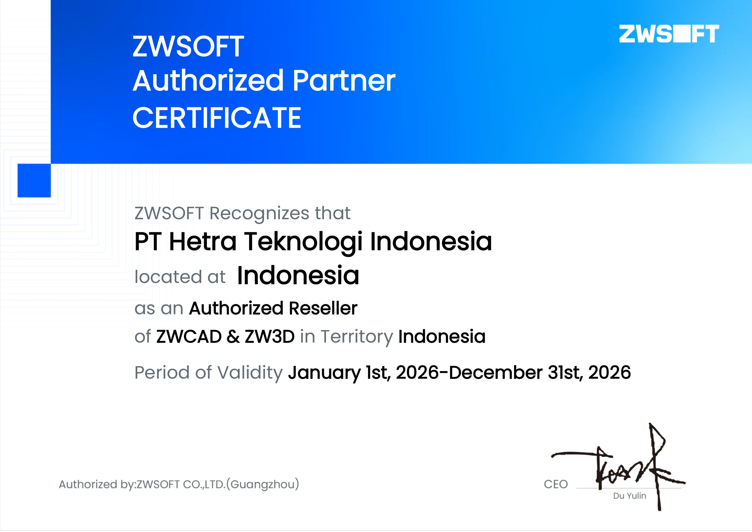 Sertifikat Reseller Resmi ZWSOFT Indonesia 2026 - PT Hetra Teknologi Indonesia